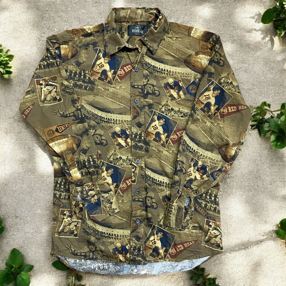 Red Head Vintage University Football AOP Button Front Shirt Brown Mens Size M